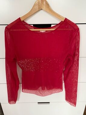 JOOP Red Sheer Long-Sleeve Rhinestone Embellished Top